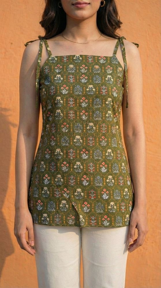 Women Deep Green Floral Printed Cotton Kurti with Shoulder Tie-Up photo 5