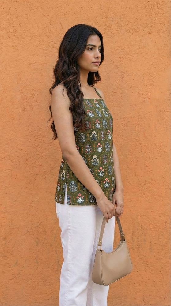 Women Green Floral Printed Cotton Short Kurti with Back Tie-Up Detail photo 3