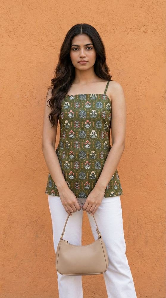 Women Green Floral Printed Cotton Short Kurti with Back Tie-Up Detail photo 5