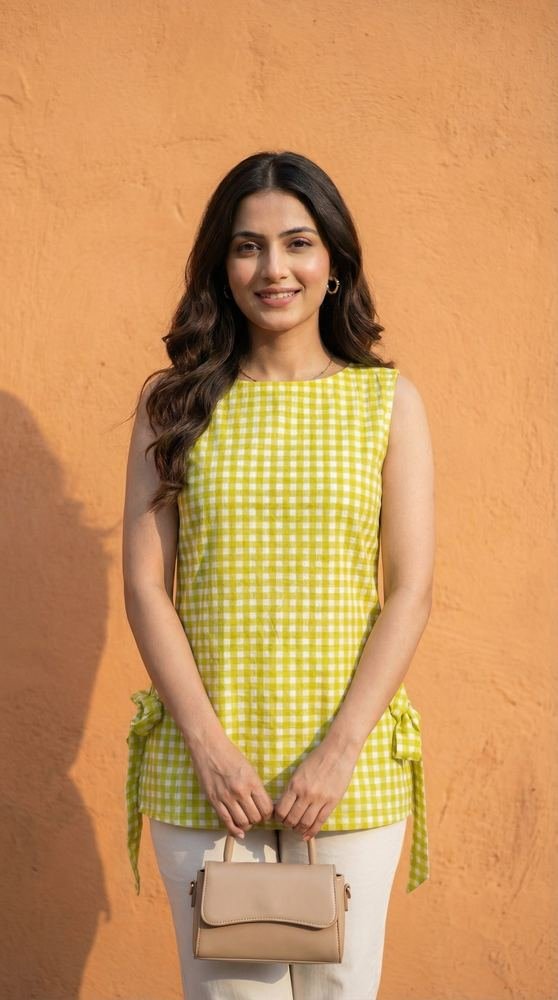 Women Lime Green Checked Cotton Kurti with Side Tie-Up Belts photo 2
