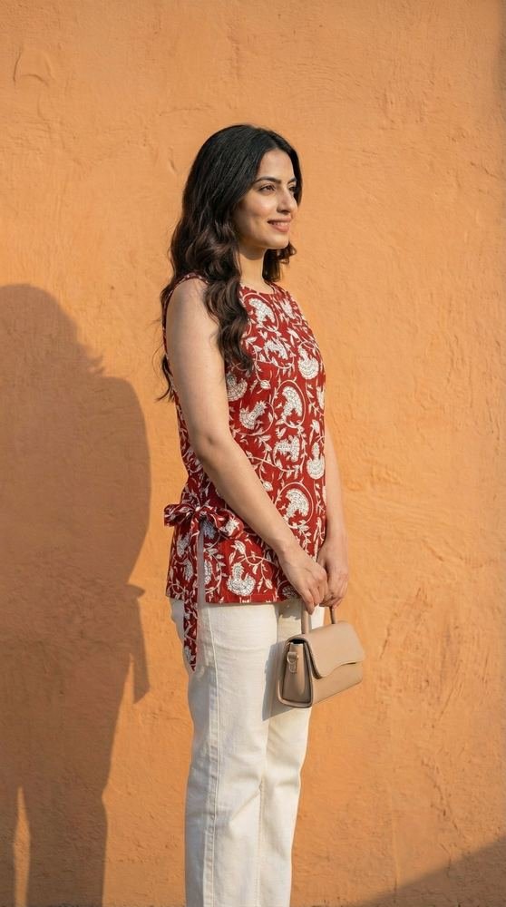Women Maroon Bagru Print Cotton Short Kurti with Side Tie-Up Detail photo 3