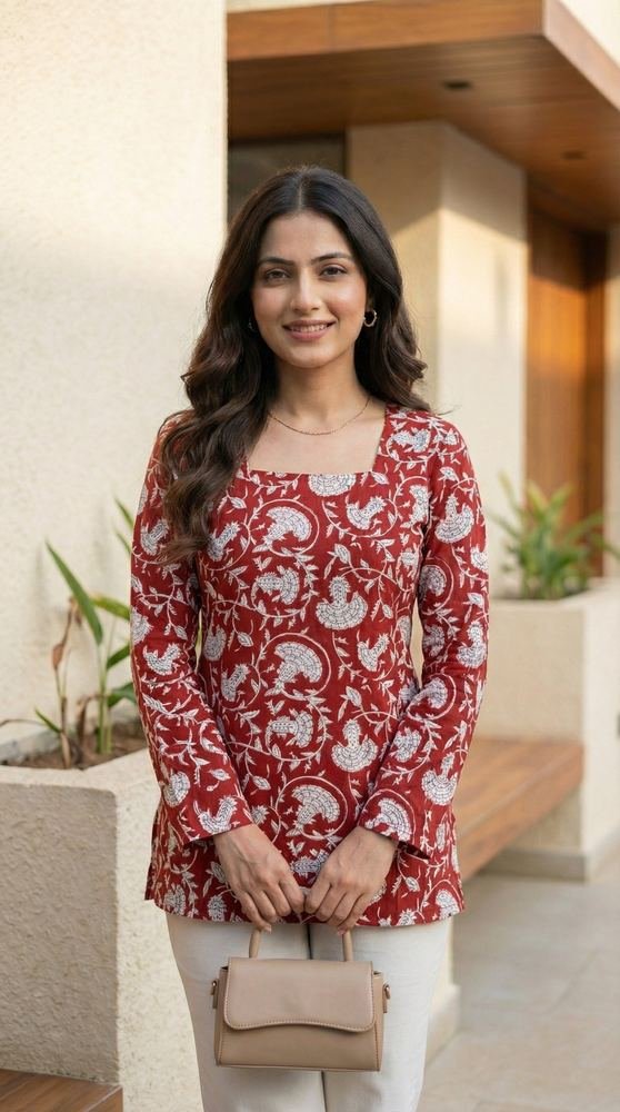 Women Maroon Floral Bagru Printed Full Sleeve Cotton Short Kurti with Lace-Up Back