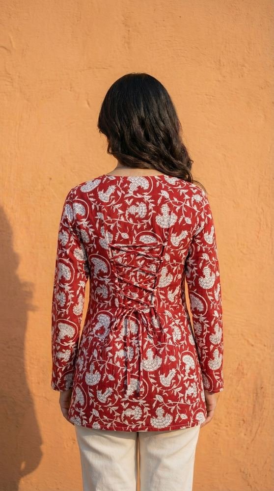 Women Maroon Floral Bagru Printed Full Sleeve Cotton Short Kurti with Lace-Up Back photo 2