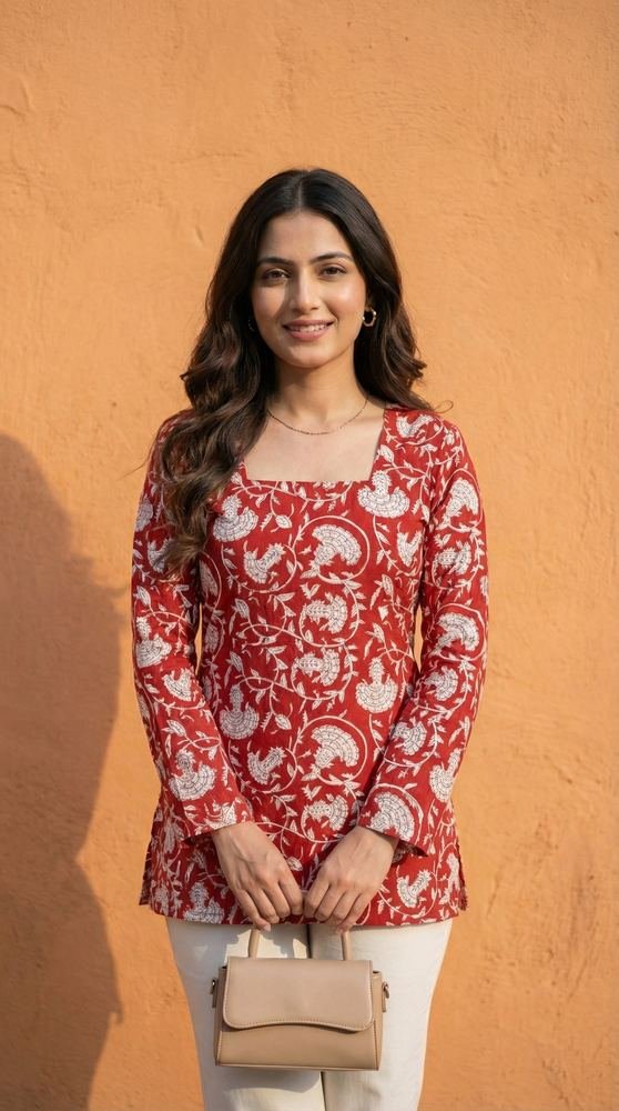 Women Maroon Floral Bagru Printed Full Sleeve Cotton Short Kurti with Lace-Up Back photo 3