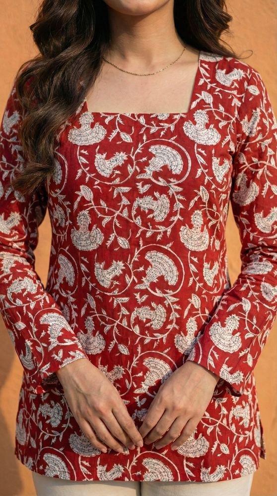 Women Maroon Floral Bagru Printed Full Sleeve Cotton Short Kurti with Lace-Up Back photo 4