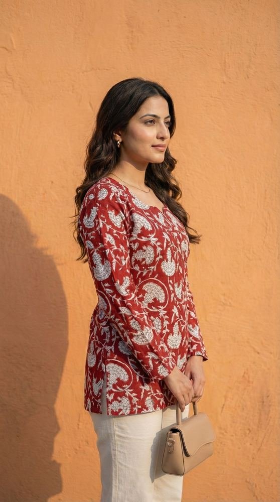 Women Maroon Floral Bagru Printed Full Sleeve Cotton Short Kurti with Lace-Up Back photo 5