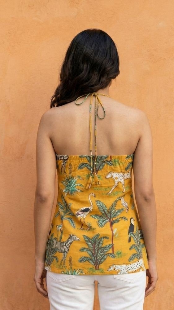 Women Mustard Forest Printed Cotton Halter Neck Short Kurti photo 3