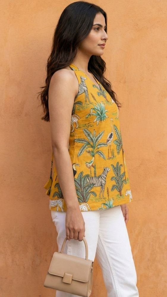 Women Mustard Forest Printed Cotton Halter Neck Short Kurti photo 4