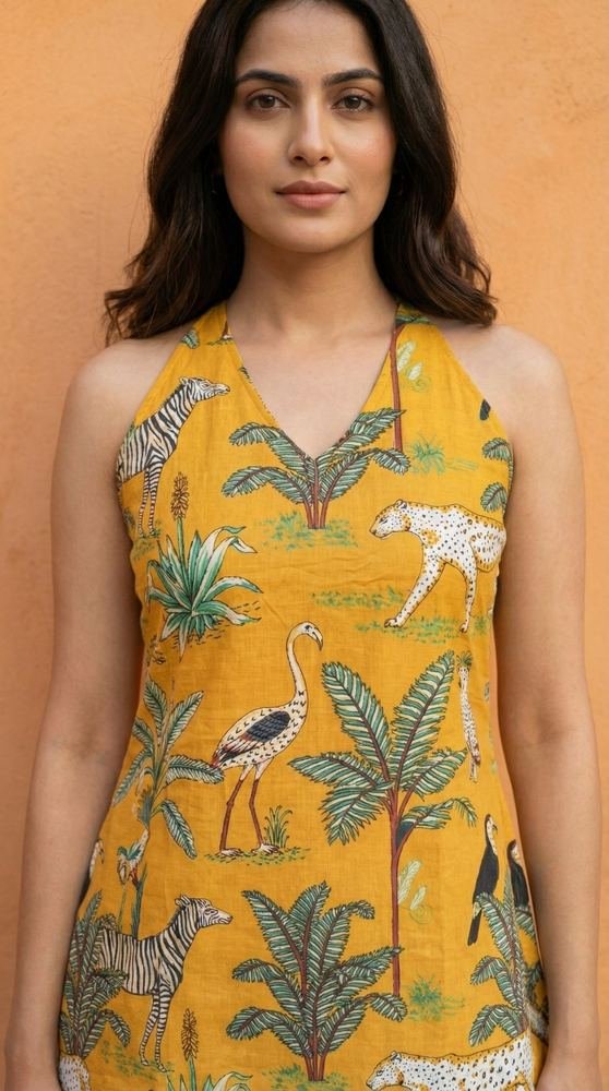Women Mustard Forest Printed Cotton Halter Neck Short Kurti photo 2