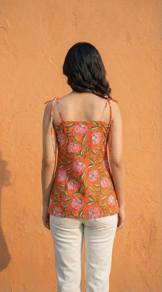 Women Orange Floral Printed Cotton Short Kurti with Shoulder Strings photo 2