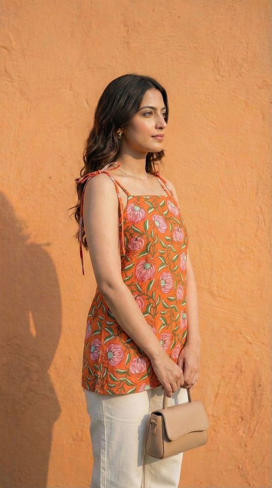 Women Orange Floral Printed Cotton Short Kurti with Shoulder Strings photo 3