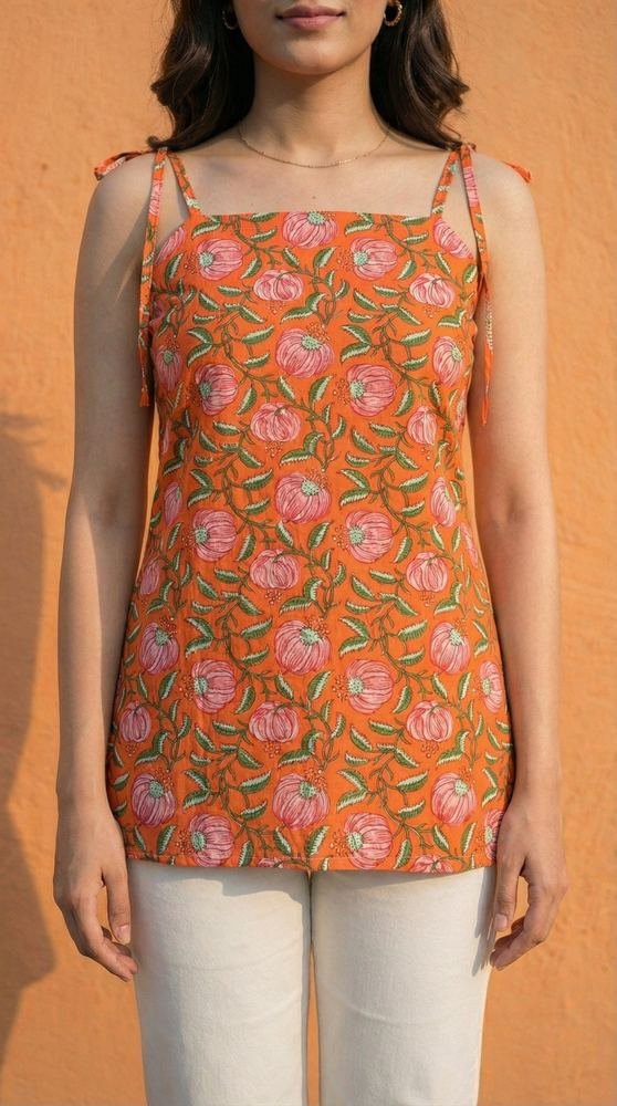 Women Orange Floral Printed Cotton Short Kurti with Shoulder Strings photo 4