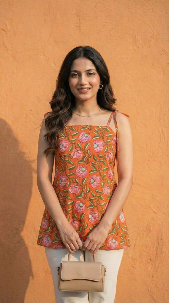 Women Orange Floral Printed Cotton Short Kurti with Shoulder Strings photo 5
