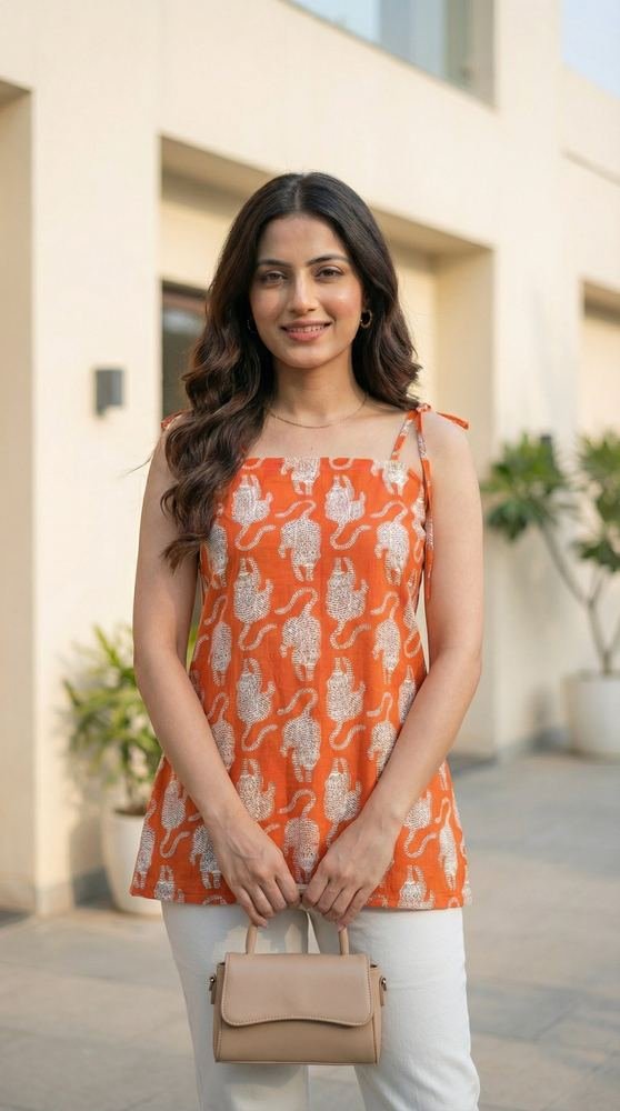 Women Orange Tiger Printed Cotton Kurti with Shoulder Tie-Up