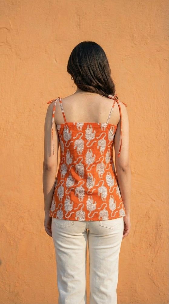 Women Orange Tiger Printed Cotton Kurti with Shoulder Tie-Up photo 2