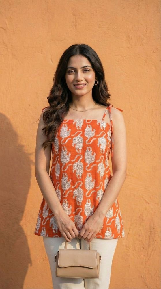 Women Orange Tiger Printed Cotton Kurti with Shoulder Tie-Up photo 3