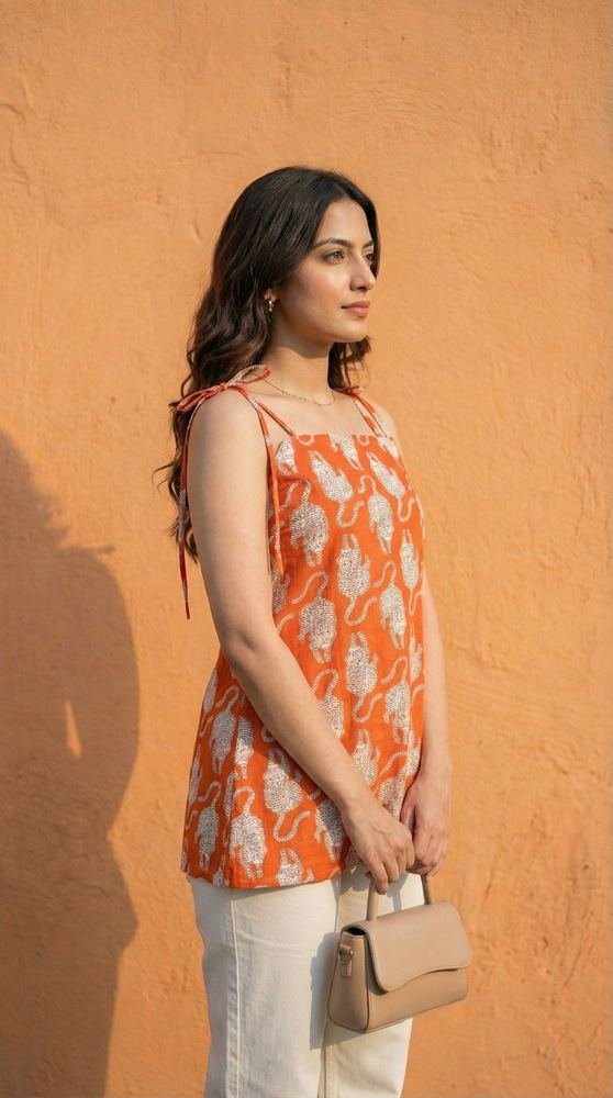 Women Orange Tiger Printed Cotton Kurti with Shoulder Tie-Up photo 4