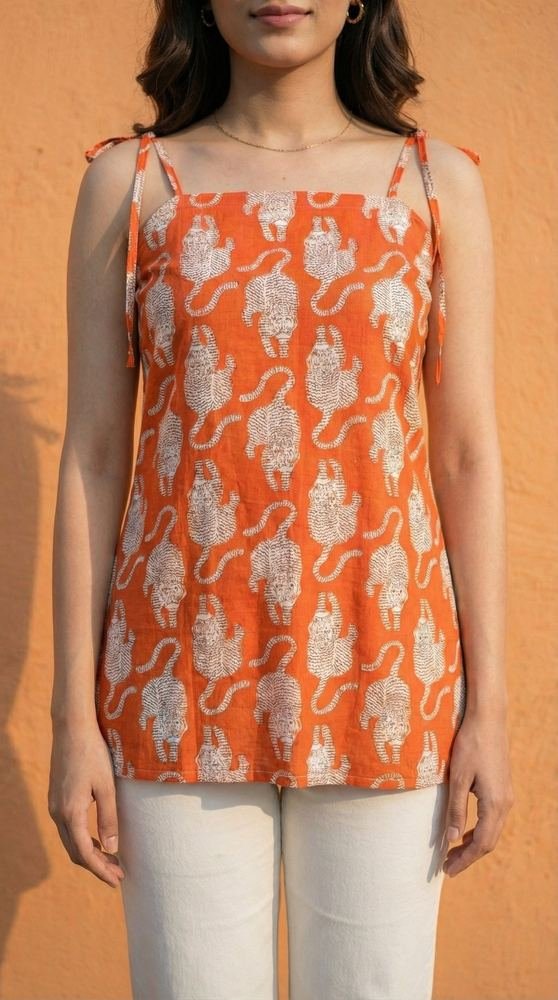 Women Orange Tiger Printed Cotton Kurti with Shoulder Tie-Up photo 5