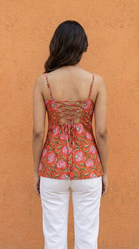 Women Pastel Orange Floral Printed Cotton Short Kurti with Back Tie-Up Detail photo 4
