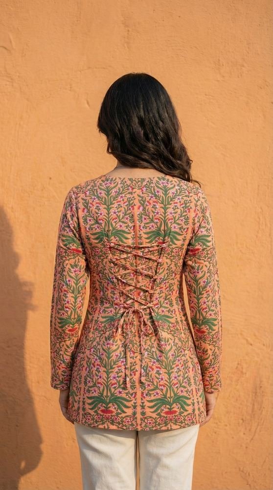Women Pastel Printed Full Sleeve Cotton Short Kurti with Lace-Up Back photo 2
