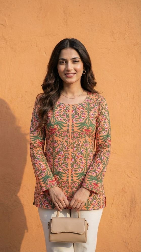 Women Pastel Printed Full Sleeve Cotton Short Kurti with Lace-Up Back photo 3