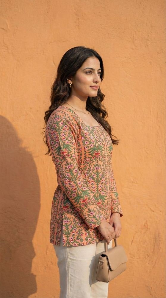Women Pastel Printed Full Sleeve Cotton Short Kurti with Lace-Up Back photo 4
