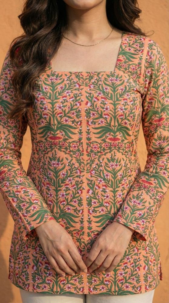 Women Pastel Printed Full Sleeve Cotton Short Kurti with Lace-Up Back photo 5
