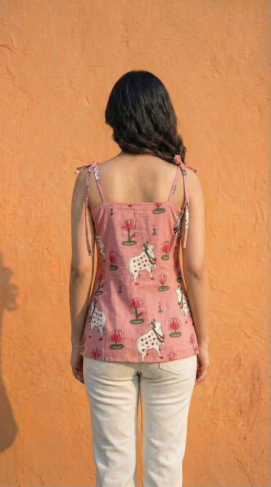 Women Pichwai Printed Cotton Short Kurti with Shoulder Strings photo 2