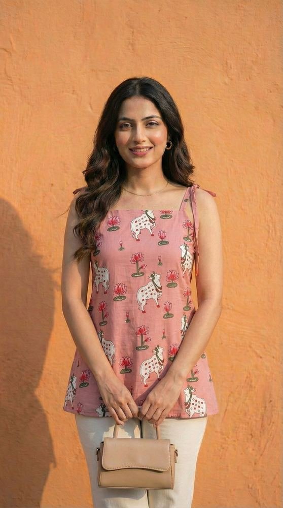 Women Pichwai Printed Cotton Short Kurti with Shoulder Strings photo 3