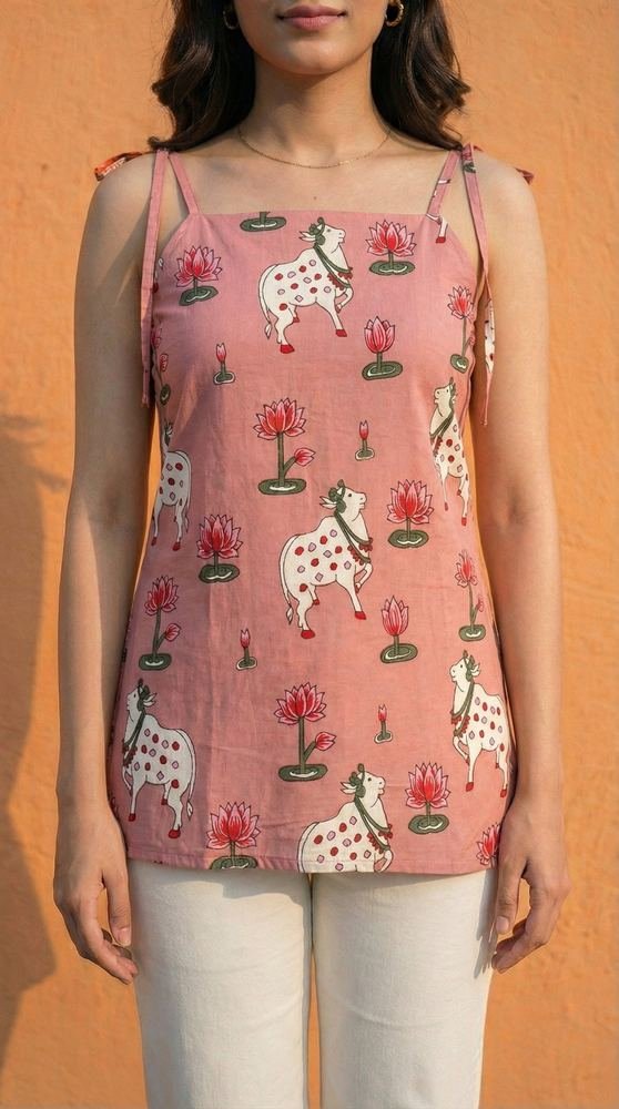 Women Pichwai Printed Cotton Short Kurti with Shoulder Strings photo 4