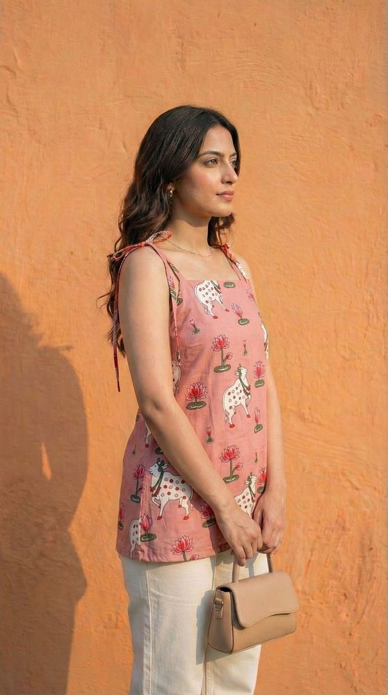 Women Pichwai Printed Cotton Short Kurti with Shoulder Strings photo 5