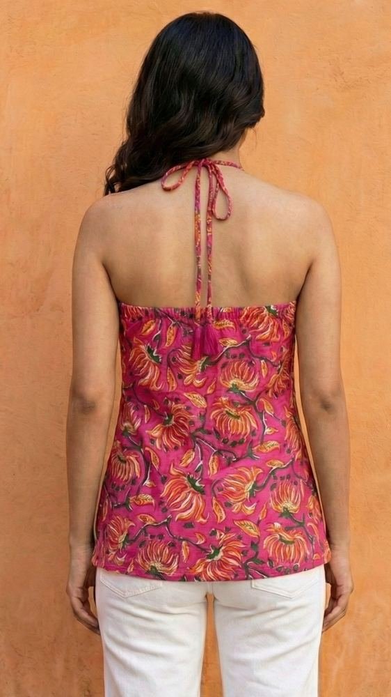 Women Pink Floral Printed Cotton Halter Neck Short Kurti photo 2