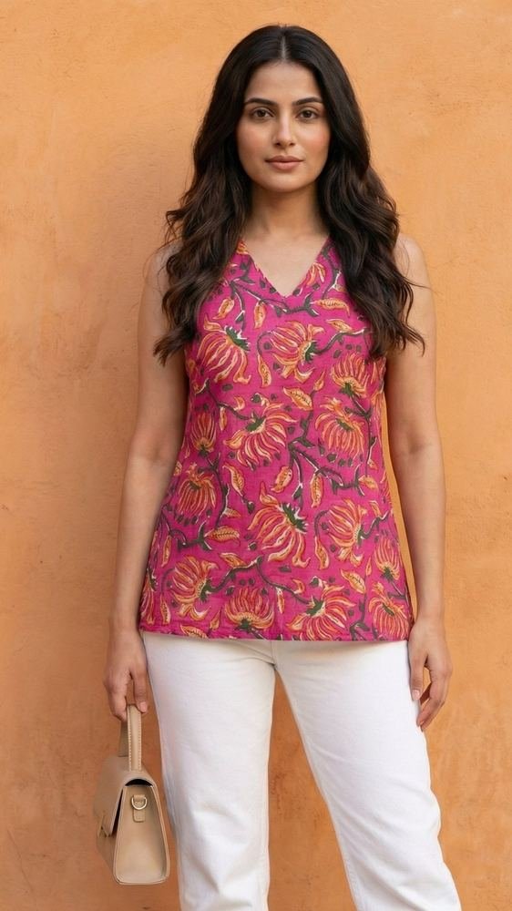 Women Pink Floral Printed Cotton Halter Neck Short Kurti photo 4