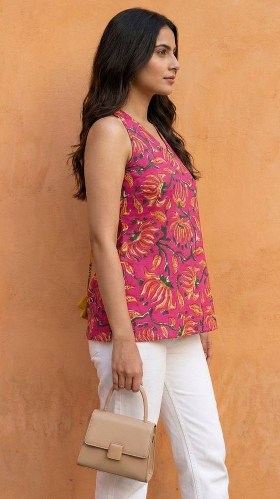 Women Pink Floral Printed Cotton Halter Neck Short Kurti photo 3