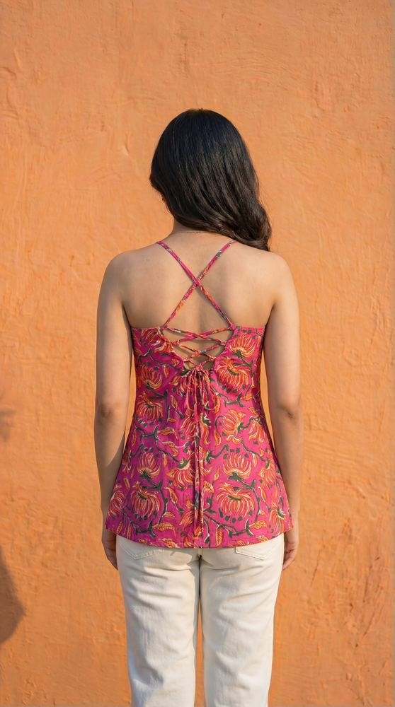 Women Pink Floral Printed Cotton Round Halter Kurti photo 2