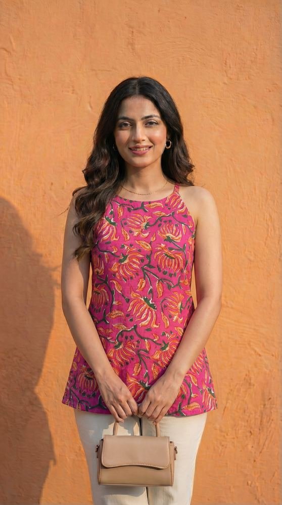 Women Pink Floral Printed Cotton Round Halter Kurti photo 3