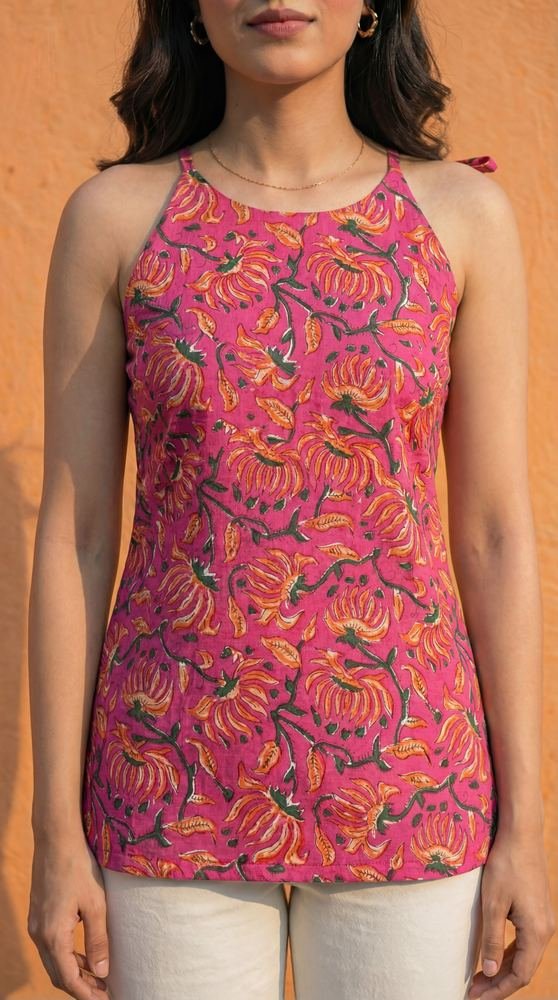 Women Pink Floral Printed Cotton Round Halter Kurti photo 4