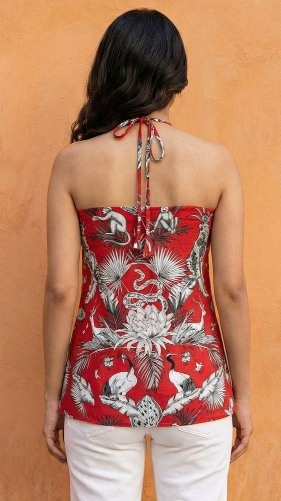 Women Red Forest Printed Cotton Halter Neck Kurti photo 2