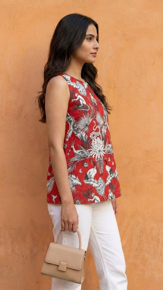 Women Red Forest Printed Cotton Halter Neck Kurti photo 3