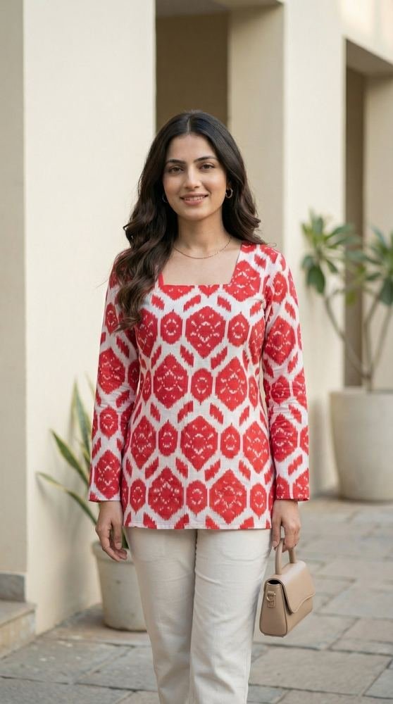 Women Red Ikkat Printed Cotton Full Sleeve Kurti with Lace-Up Back photo 2