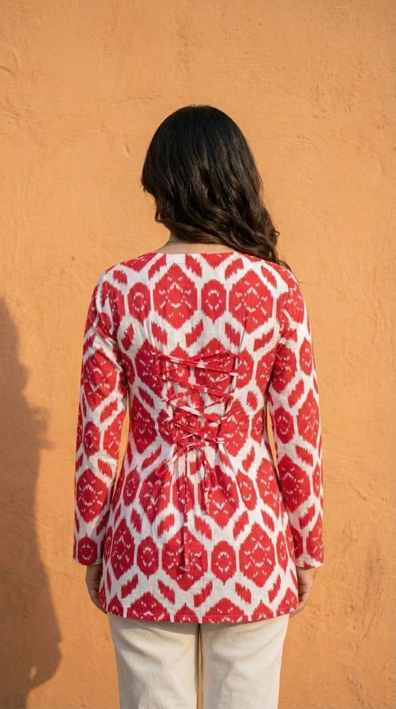 Women Red Ikkat Printed Cotton Full Sleeve Kurti with Lace-Up Back photo 3