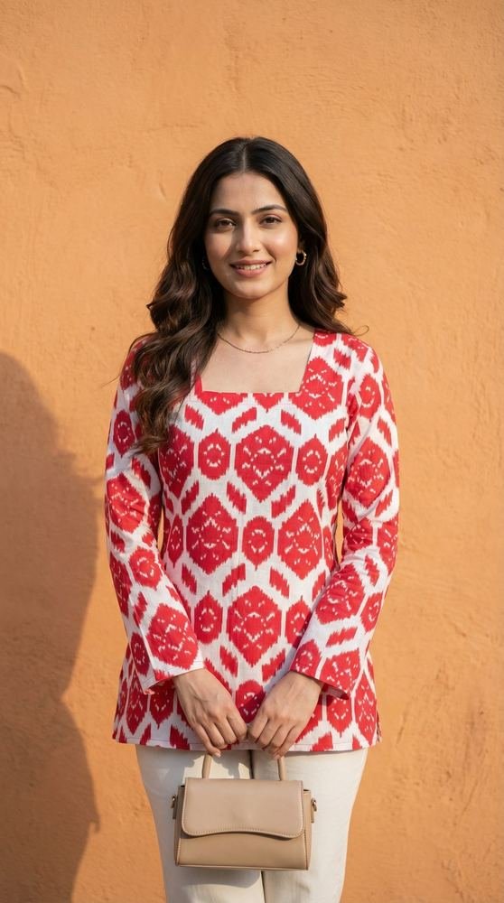 Women Red Ikkat Printed Cotton Full Sleeve Kurti with Lace-Up Back photo 5
