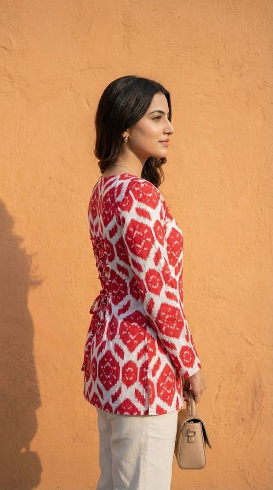 Women Red Ikkat Printed Cotton Full Sleeve Kurti with Lace-Up Back
