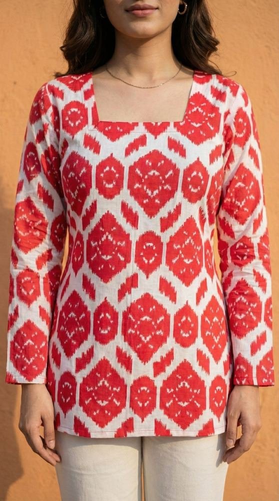 Women Red Ikkat Printed Cotton Full Sleeve Kurti with Lace-Up Back photo 4