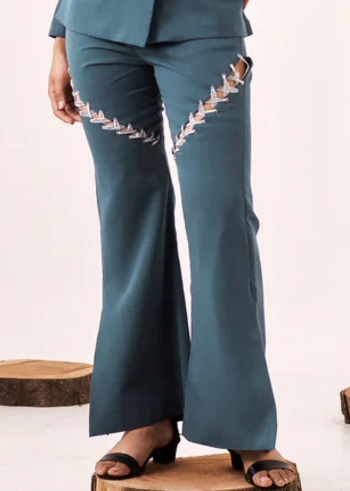 Solid embellished blue boot-cut pant photo 2