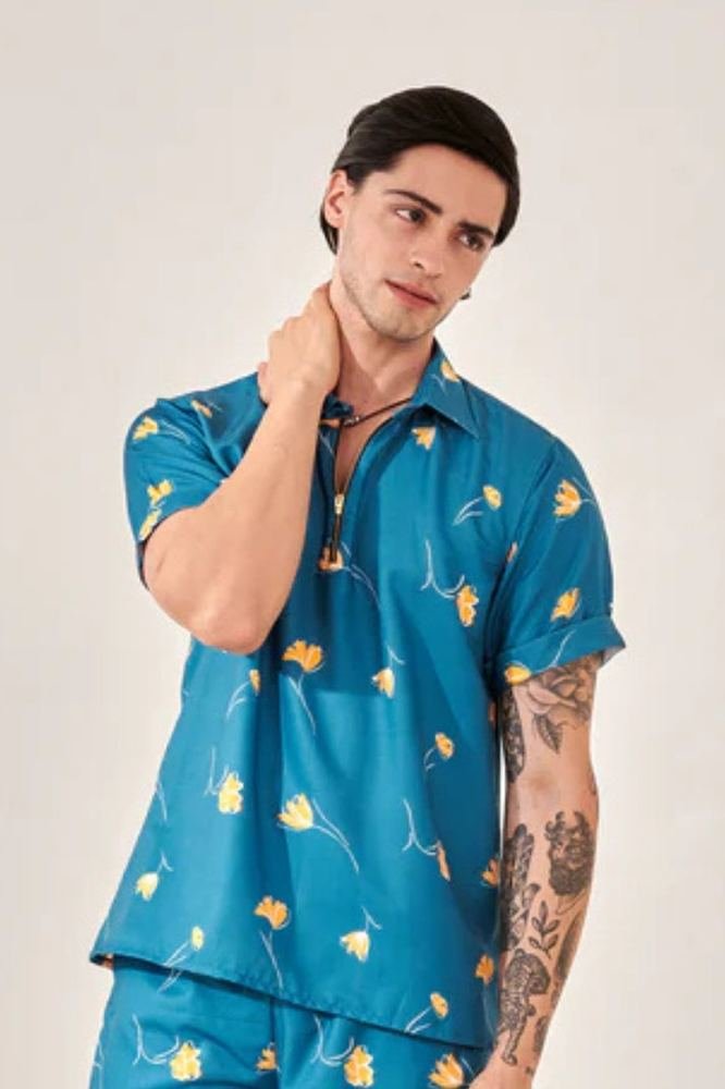 Denim blue printed shirt photo 2