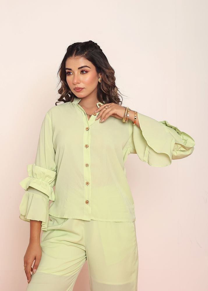 Pastel lime green ruffled shirt