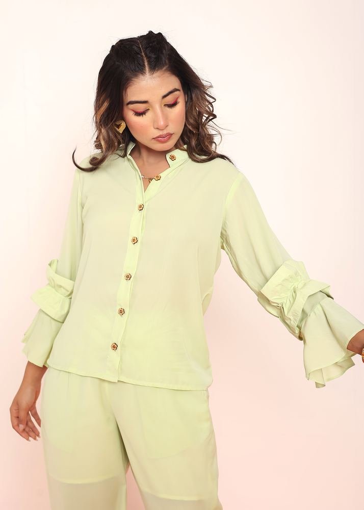 Pastel lime green ruffled shirt photo 5