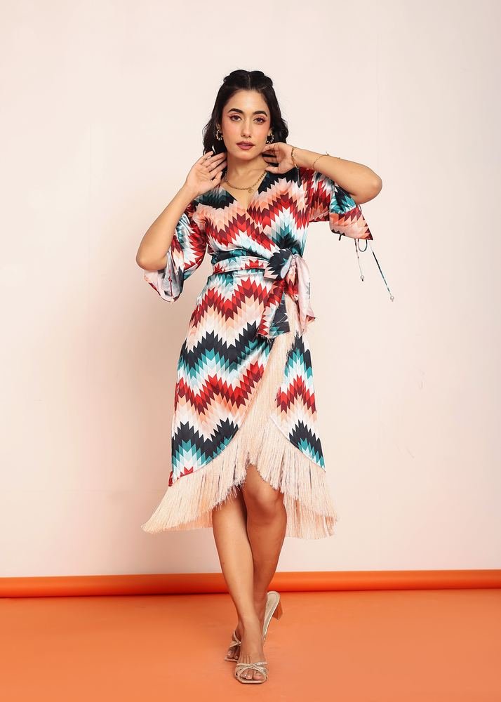 Printed fringes wrap around dress photo 2
