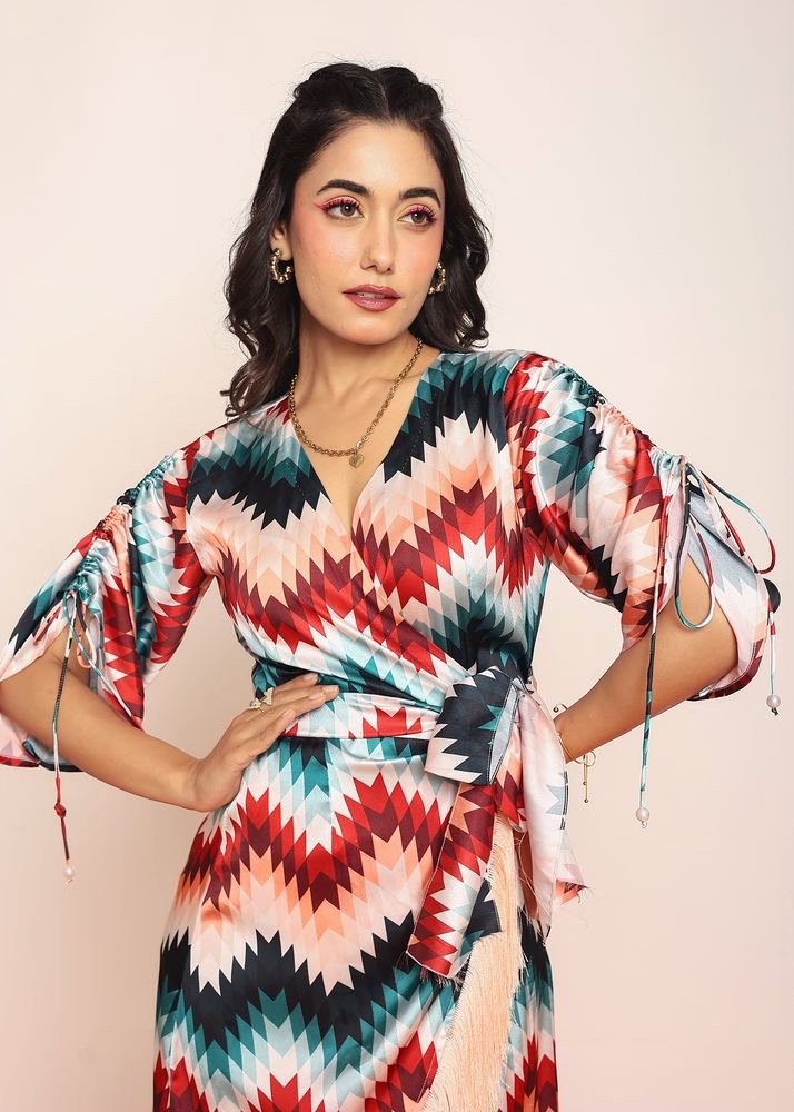 Printed fringes wrap around dress photo 4